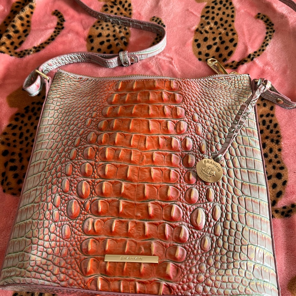 Brahmin Coral and light grayish blue Crocodile Embossed Crossbody Bag